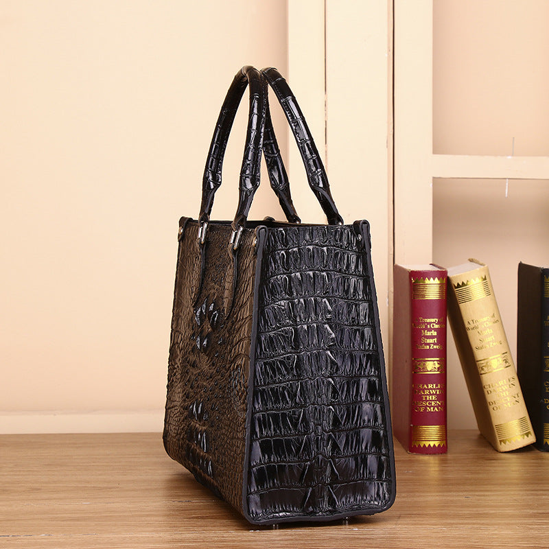 Genuine Leather Couple Tote Bag for Men and Women Large Capacity Laptop Business Shoulder Handbag with Crocodile Embossed Texture