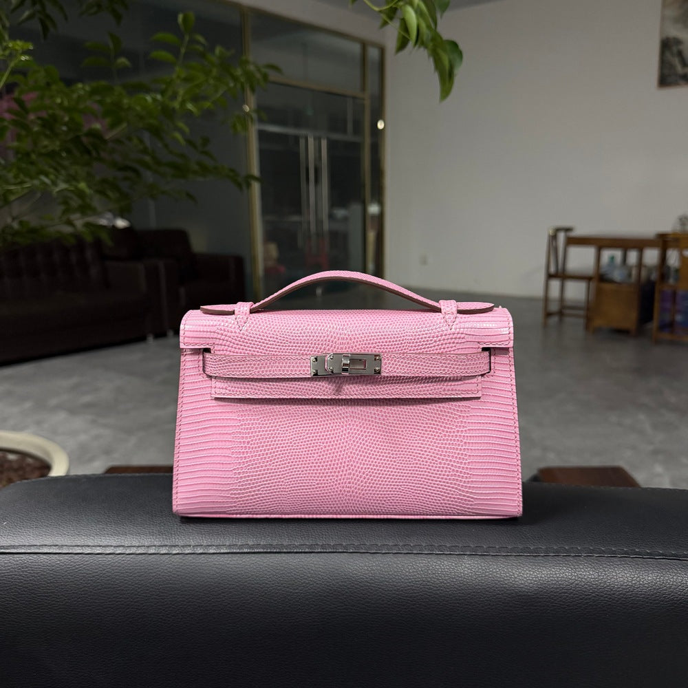 Genuine Top Layer Cowhide Lizard-Embossed Kelly-Style 22cm Bag for Women, Hand-Stitched Waxed Thread with Hand-Hammered Hardware, Lambskin Lining Square Purse with Full Steel Hardware for Ladies