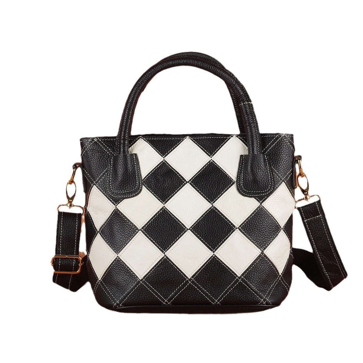Genuine Leather Black and White Plaid Patchwork Handbag for Women, Ethnic Casual Shoulder Crossbody Top Handle Purse, Color Block Designer Bag for Ladies