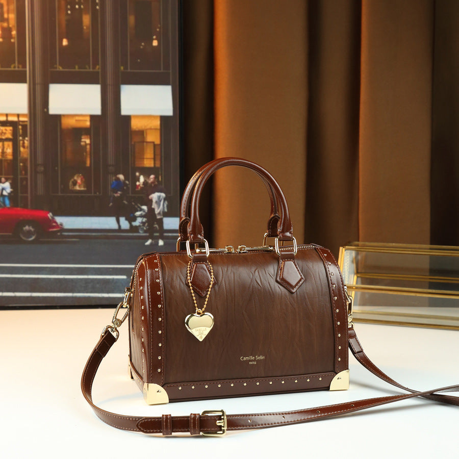 Stud Embellished Boston Bag for Women Vintage Modern Shoulder Crossbody Purse, Versatile Top Handle Handbag with Statement Hardware Accents