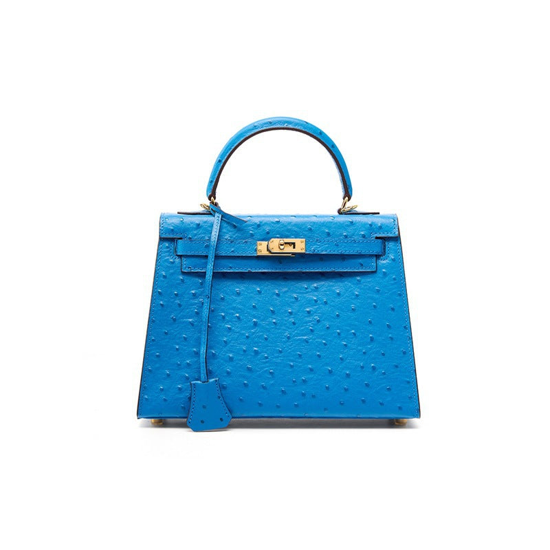 Women's Genuine Leather Handbag Shoulder Bag Top Layer Cowhide Kelly Style Crossbody Purse with Ostrich Embossed Texture