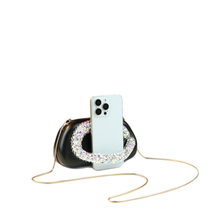 Rhinestone Handle Round Bag for Women Banquet Chain Shoulder Crossbody Handbag, Sparkly Three-Dimensional Purse with Glamorous Design