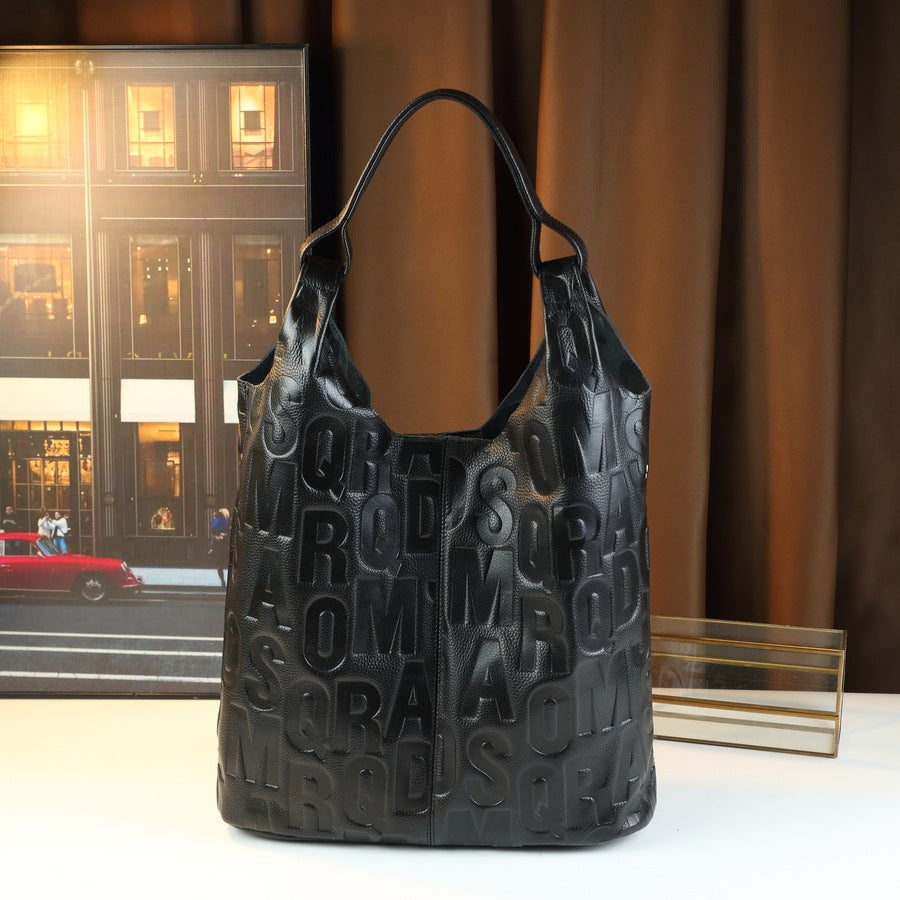 Genuine Leather Letter Tote Bag for Women Large Capacity Shoulder Handbag, Trendy Commuter Purse with Versatile Everyday Style