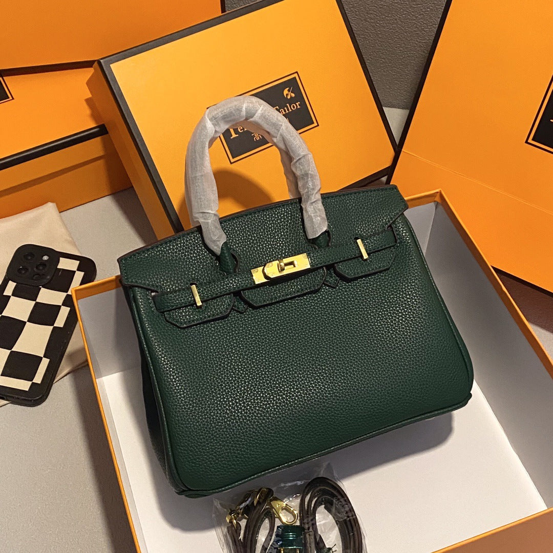 Genuine Pebbled Leather Birkin-Style Gold Hardware Large Capacity Handbag for Women, European Fashion Top Handle Purse, Trendy Casual Tote Bag for Ladies