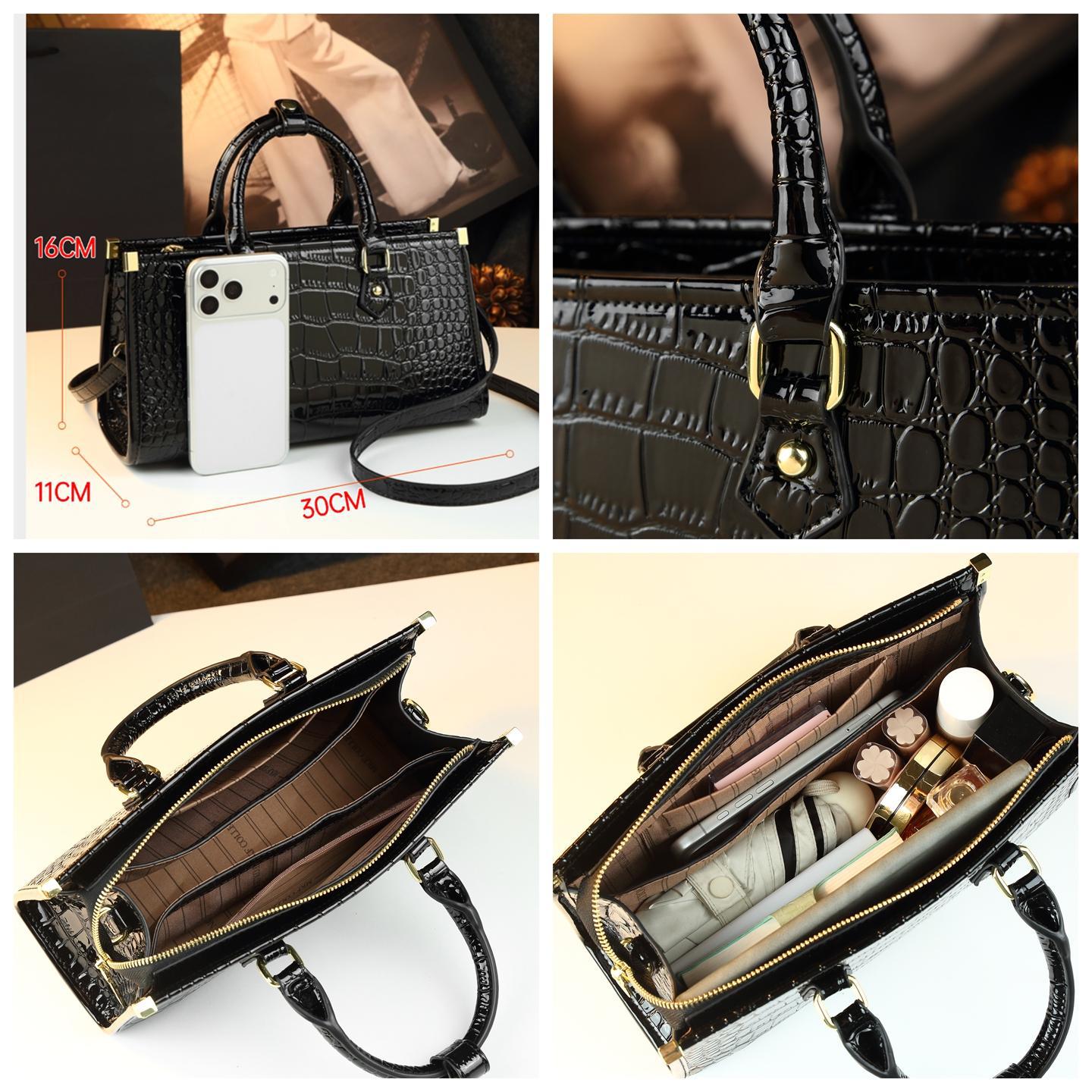 New Arrival Glossy Croc-Effect Light Luxury Handbag for Women, A Versatile Commuter Shoulder Crossbody Bag with Genuine Leather & Stylish Design