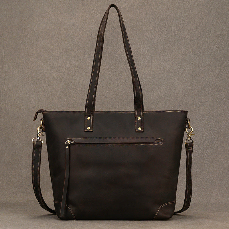Genuine Crazy Horse Cowhide Tote Bag for Men and Women, Large Capacity Vintage Commute Shoulder Crossbody Top Handle Handbag, Versatile Unisex Purse for Ladies and Gentlemen