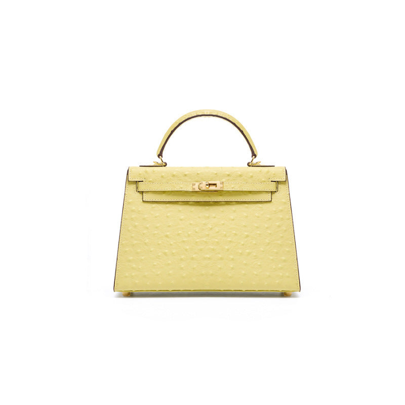 Women's Genuine Leather Handbag Shoulder Bag Top Layer Cowhide Kelly Style Crossbody Purse with Ostrich Embossed Texture
