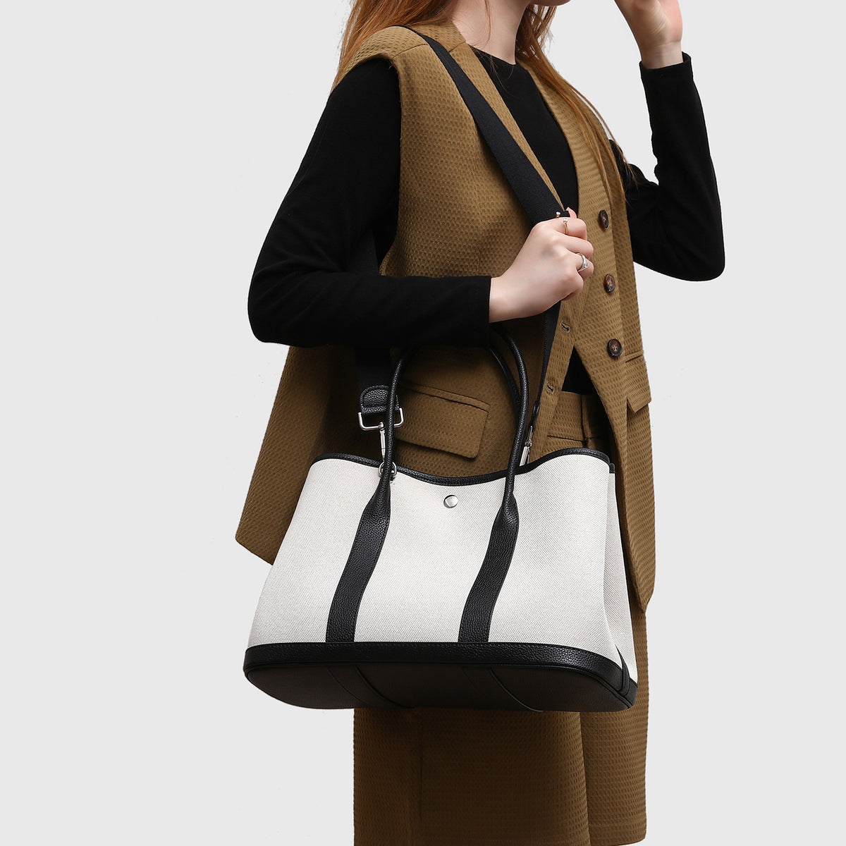 Boutique Style Genuine Leather & Canvas Tote Bag for Women, Spacious Contrast Color Garden Handbag with a Premium Sophisticated Feel, Unique Everyday Carryall