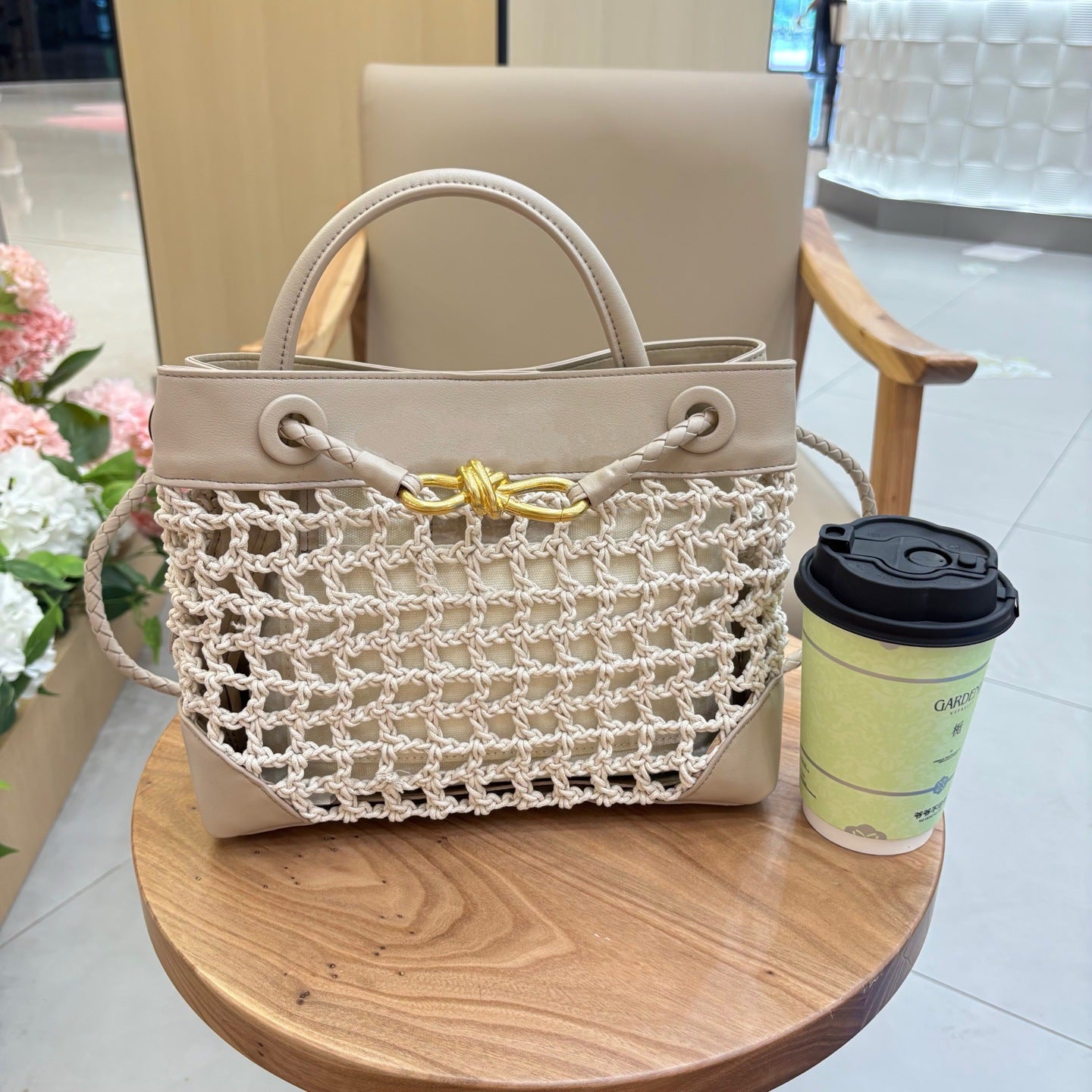Genuine Leather Patchwork Tote Bag with Metal Butterfly Buckle, New Handwoven Cotton Rope Top Handle Mother-Child Bag, Trendy Handbag for Ladies