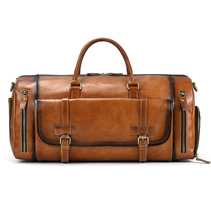 Vintage Burnished Leather Travel Duffle with Shoe Compartment, Large Capacity Gym Weekender, Fashionable Cowhide Luggage Bag for Men
