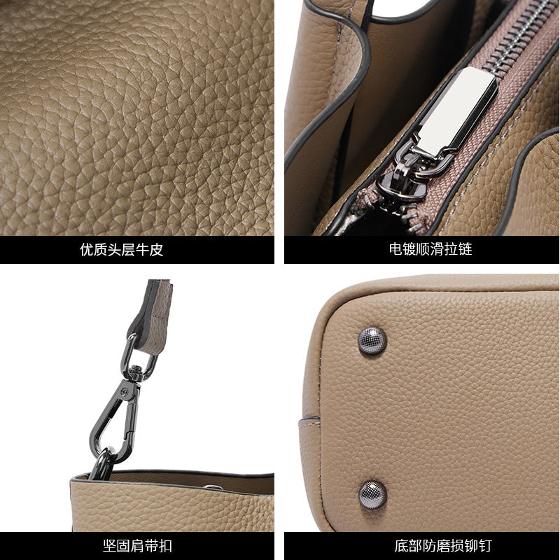 Top Layer Cowhide Bucket Tote Bag for Women Large Capacity Commuter Shoulder Handbag, Minimalist Bestselling Purse with Premium Leather Finish