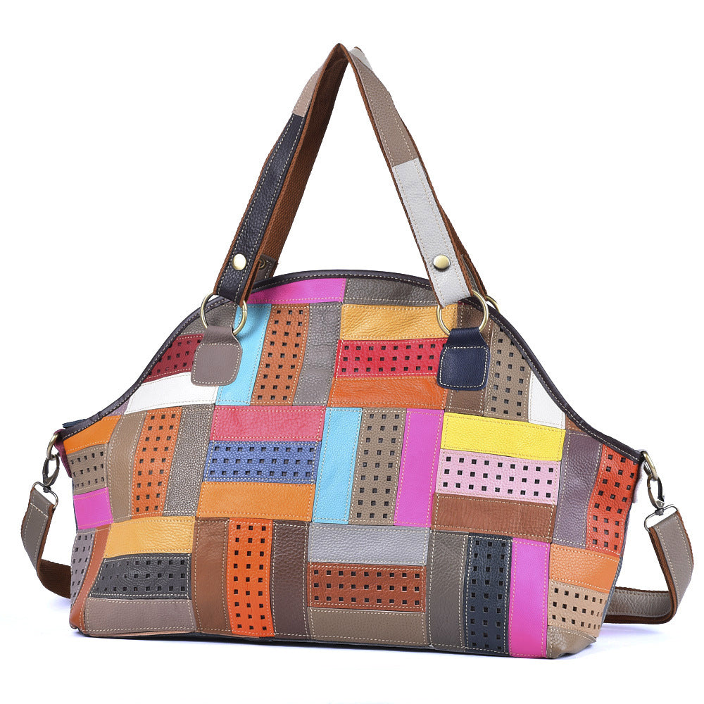 New Color Block Patchwork Genuine Cowhide Tote, Unique Design Large Capacity Shoulder Crossbody Top Handle Purse, Stylish Handbag for Women