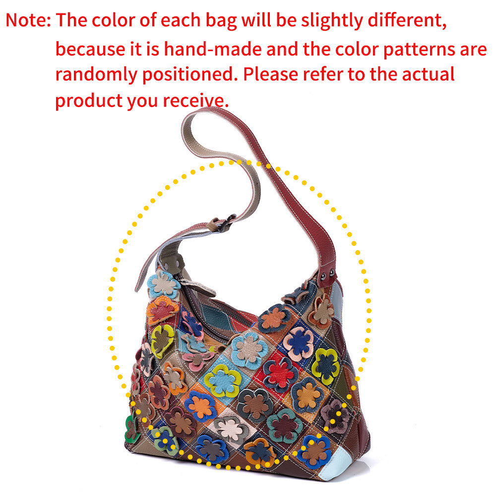Premium Handcrafted Floral Color-Block Quilted Leather Bag for Women | New Genuine Cowhide Shoulder Purse with Unique Artistic Floral Patchwork Design | Casual Chic Everyday Handbag with Bohemian Flair | Trendy Statement Accessory for the Style-Consc