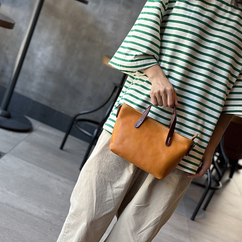 Vegetable-Tanned Leather Mini Phone Crossbody Bag, Color Block Top Handle Shoulder Purse, Versatile Handbag for Women