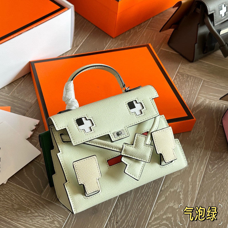 Genuine Leather Mosaic Doll Bag for Women Cross-Grain Cowhide Shoulder Crossbody Handbag, Cute Fashion Purse with Playful Design