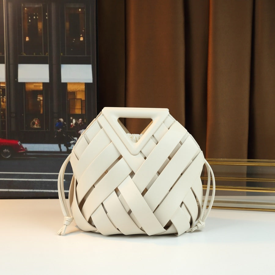 Woven Hollow Basket Bucket Bag for Women Genuine Leather Shoulder Crossbody Handbag, Fashionable Purse with Natural Artisan Texture