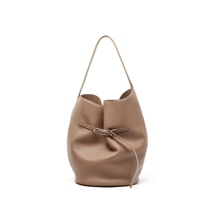 Genuine Top Layer Cowhide Bucket Tote Bag for Women, Korean Style Niche Fashionable Large Capacity Shoulder Top Handle Purse, Premium Handbag for Ladies