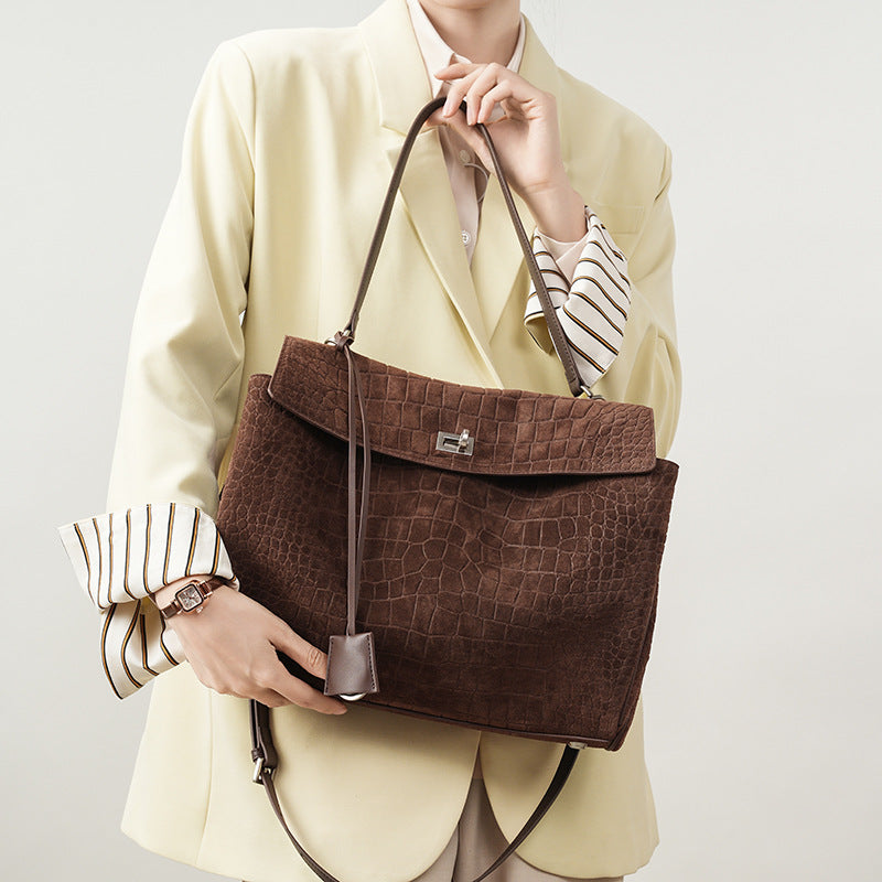Genuine Suede Large Capacity Tote Bag for Women, Vintage Commute Underarm Shoulder Top Handle Purse, Premium Everyday Handbag for Ladies