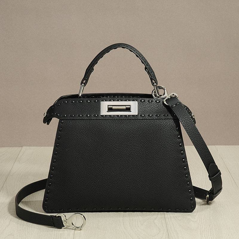 Genuine Top Layer Cowhide Hand-Stitched Waxed Thread Bag for Women, New Accordion Crossbody Shoulder Top Handle Purse, Casual Everyday Handbag for Ladies