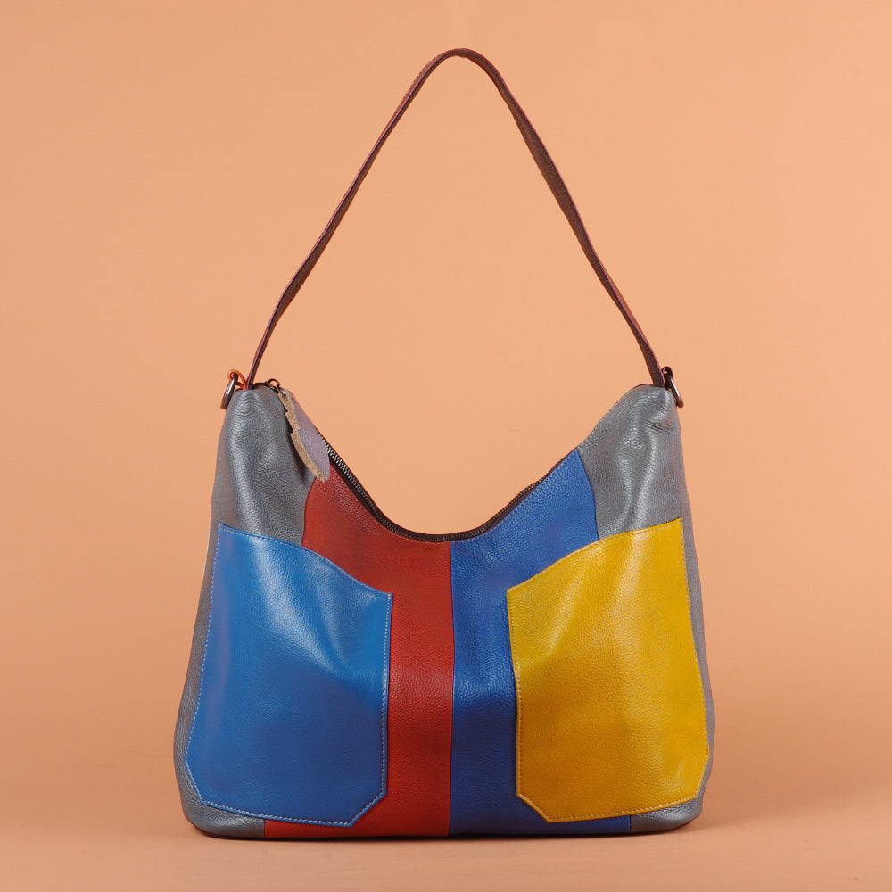 Genuine Top Layer Cowhide Colorful Patchwork Handbag for Women, Handmade Vintage Retro Crossbody Shoulder Purse, Unique Designer Leather Bag for Ladies