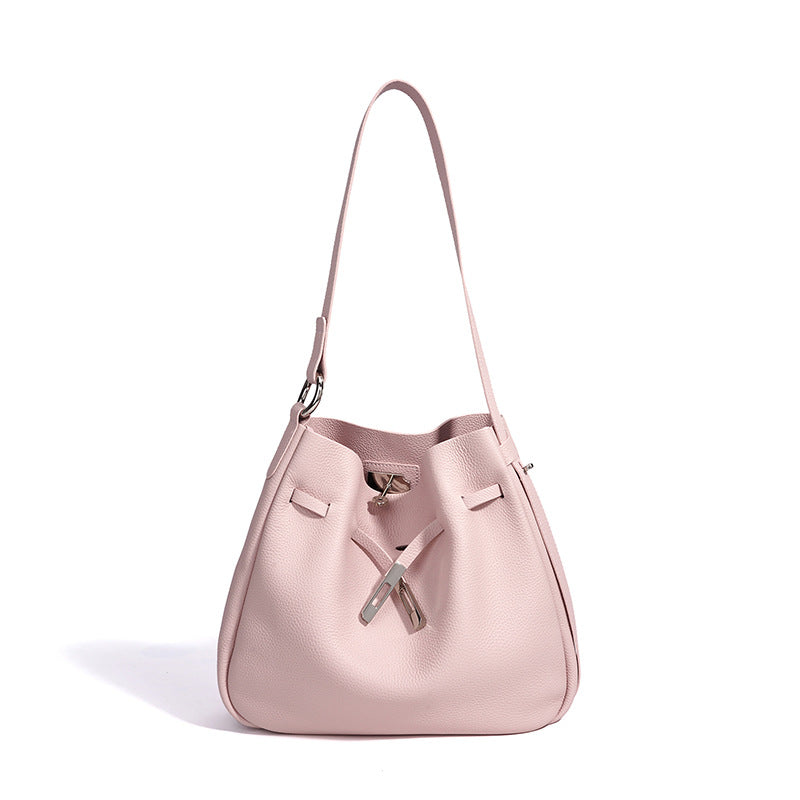 New Summer Ins Style Casual Bucket Bag in Top Layer Cowhide, Large Capacity Shoulder Crossbody Purse, Niche Design Handbag for Women
