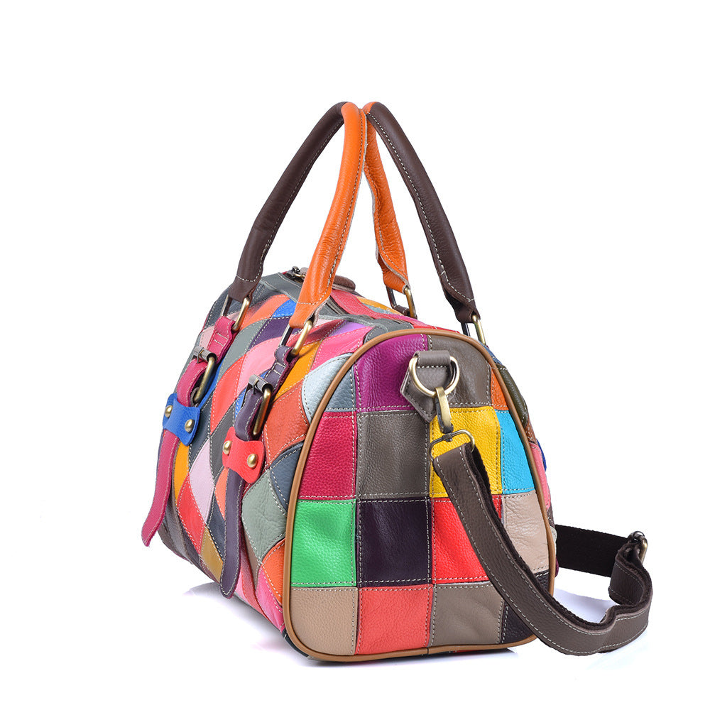 Colorful Plaid Patchwork Genuine Cowhide Bag, Trendy Versatile Top Handle Crossbody Shoulder Purse, Stylish Handbag for Women
