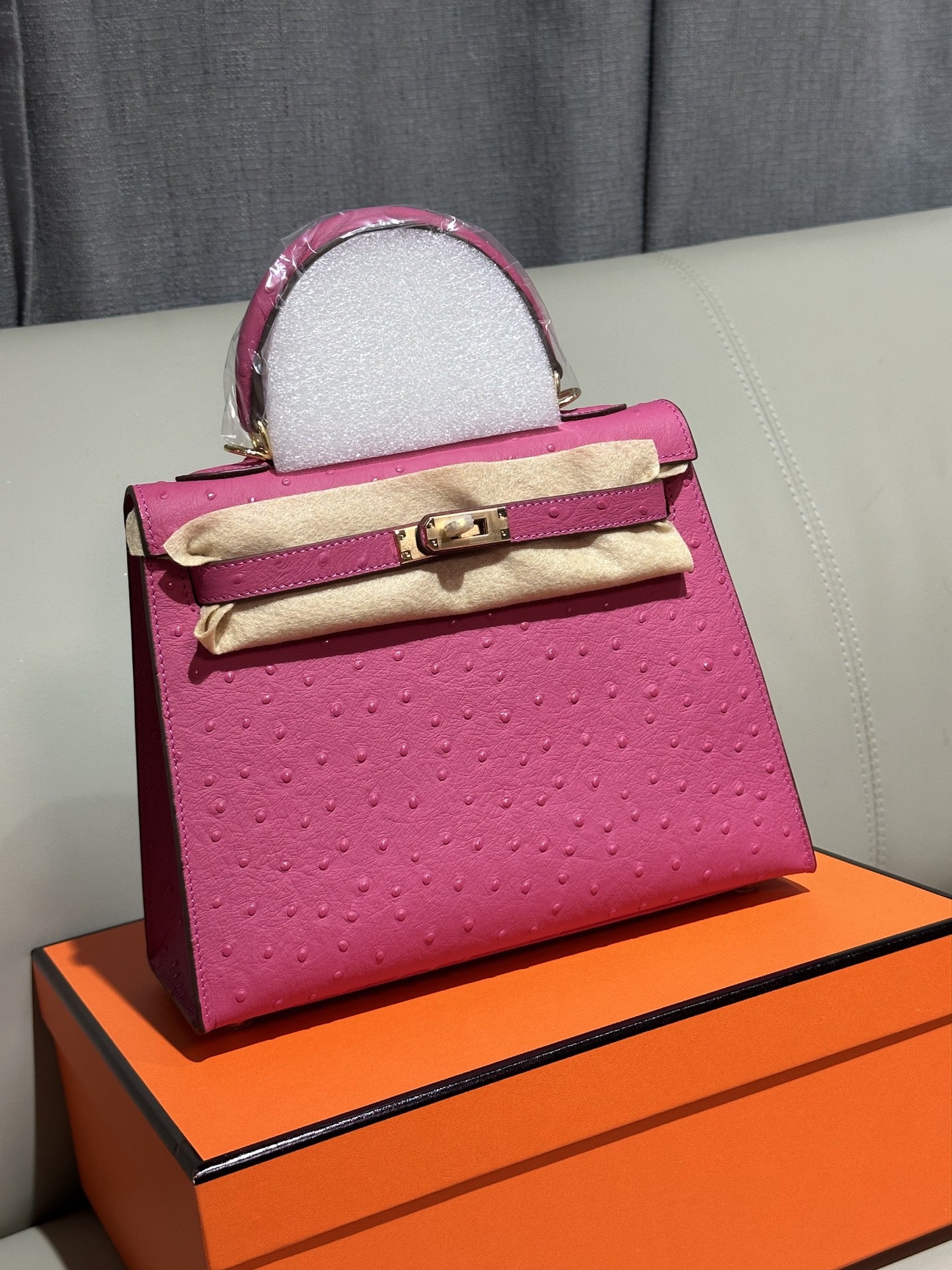 Genuine Top Layer Cowhide Ostrich-Embossed Kelly-Style 25 Bag for Women, Small Square Crossbody Top Handle Purse, Large Capacity Handbag for Ladies