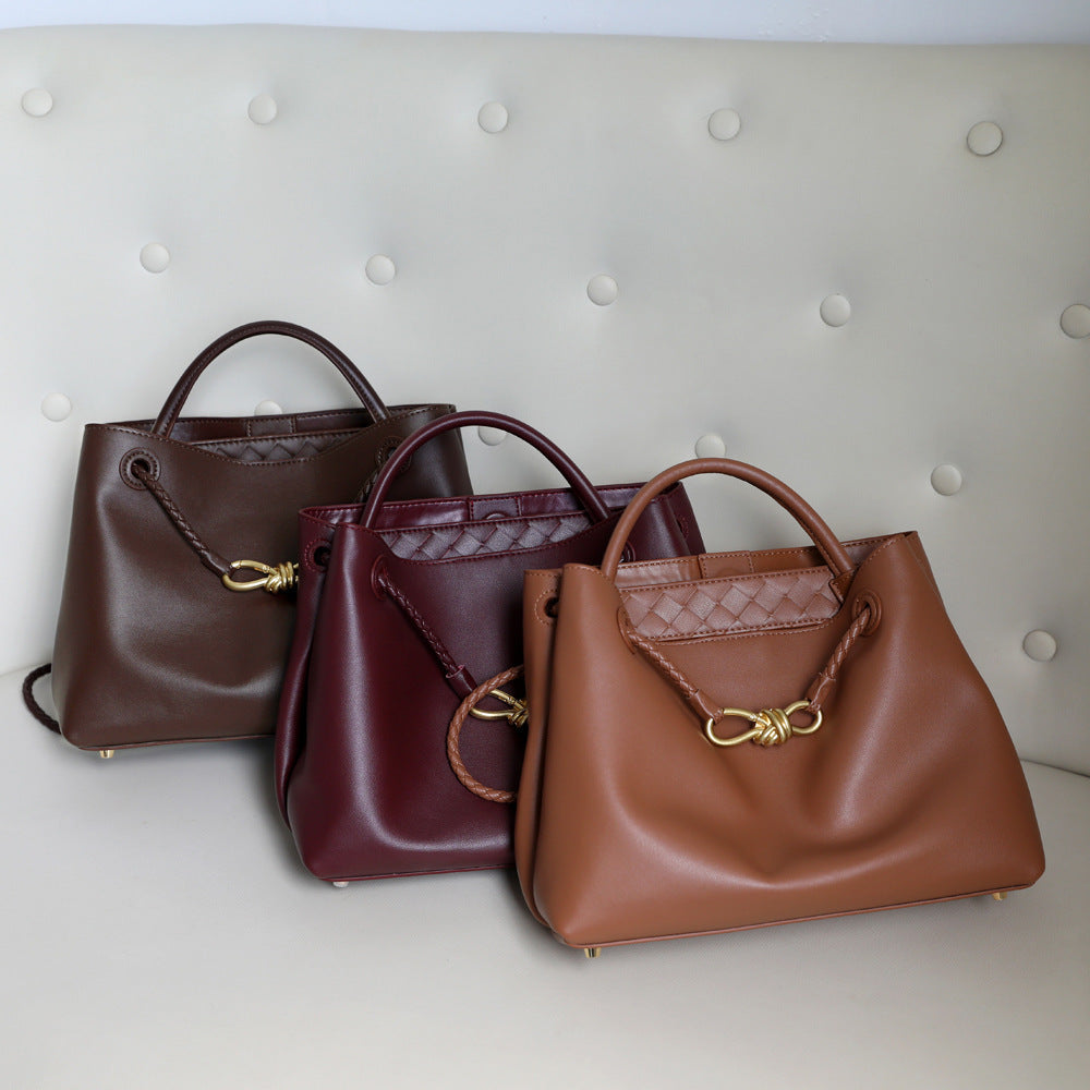Metal Bow Tote Bag for Women Genuine Cowhide Leather Large Capacity Shoulder Handbag, Elegant Hardware Accent with Versatile Style