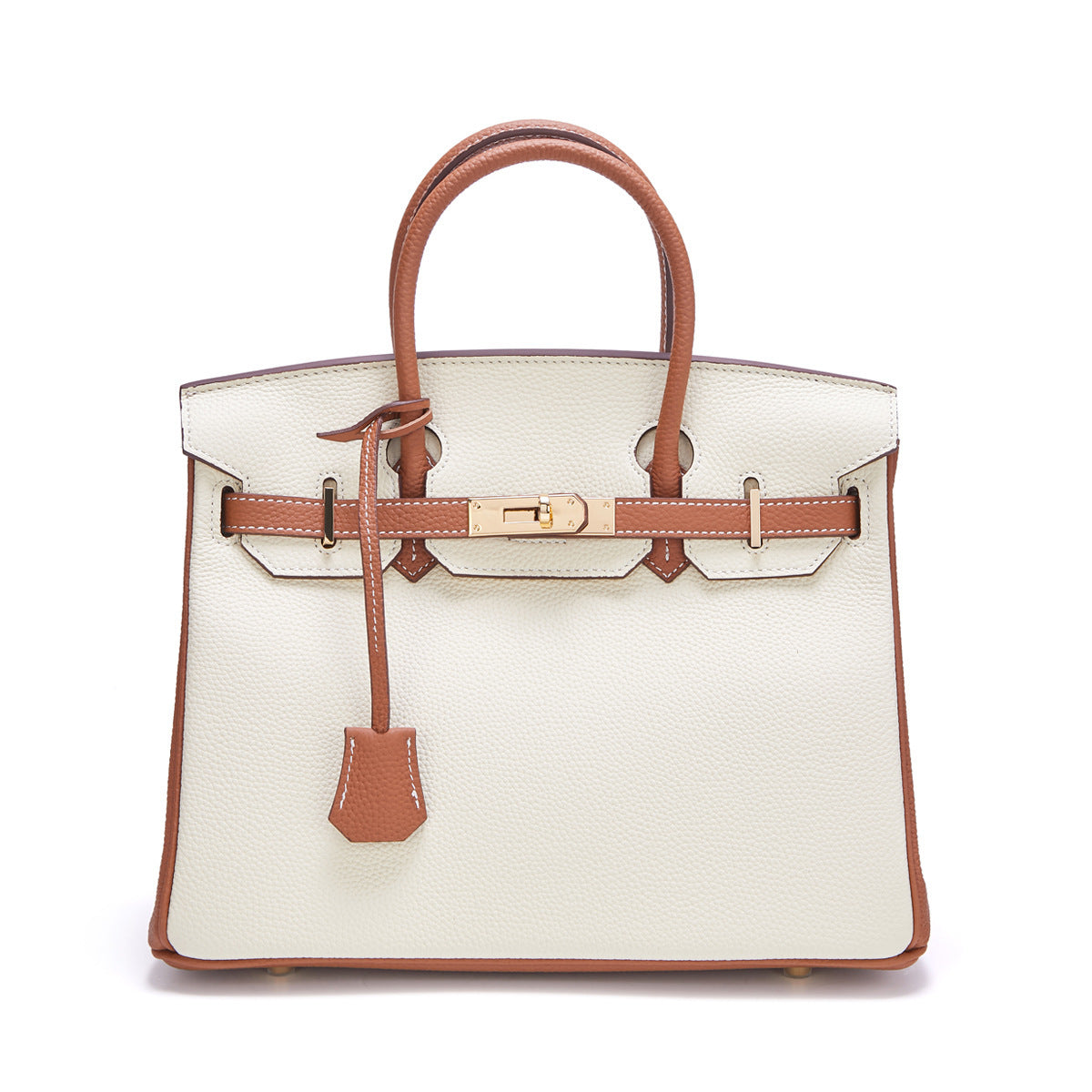 Genuine Leather Two-Tone Tote Shoulder Crossbody Bag, Large Lychee Grain Platinum-Style Contrast Color Handbag, Top-Layer Cowhide Purse for Women