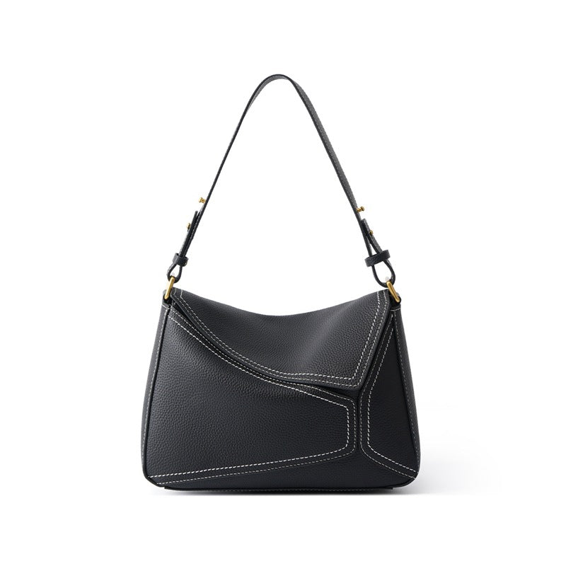 Genuine Top Layer Cowhide Geometric Handbag for Women, Niche Designer Crossbody Shoulder Underarm Top Handle Purse, Premium Commute Everyday Bag for Ladies