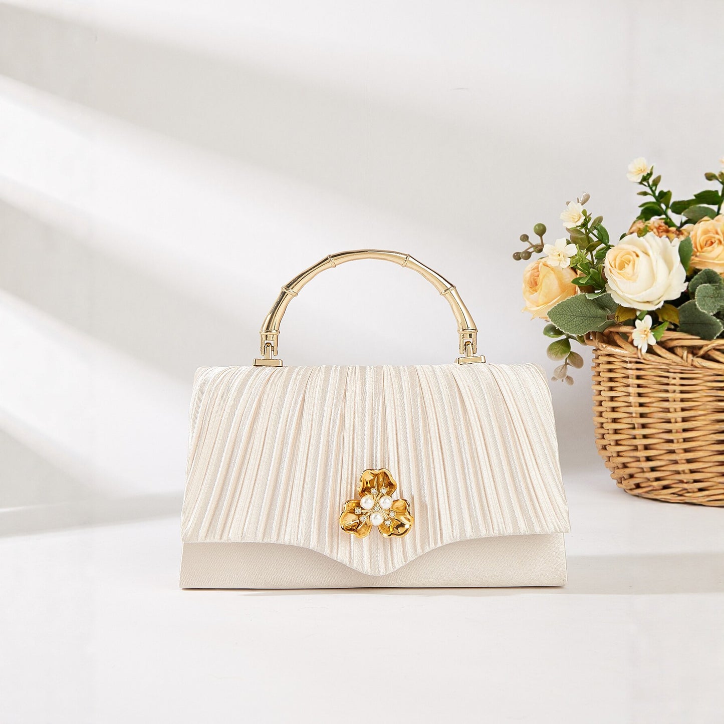 Pearl Floral Chain Evening Clutch for Women, New Pleated Chanel-Style Top Handle Crossbody Purse, Premium Formal Handbag for Ladies