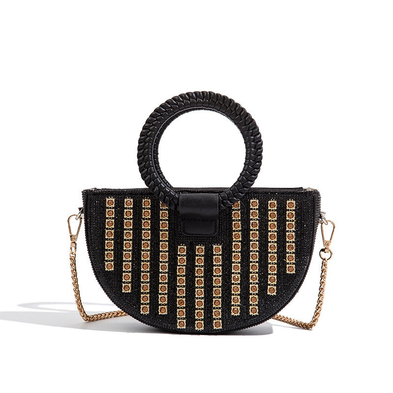 New Semi-Circle Rhinestone Top-Handle Bag for Women, Sparkly Crystal Shoulder Purse, Light Luxury Evening Handbag for Parties & Banquets