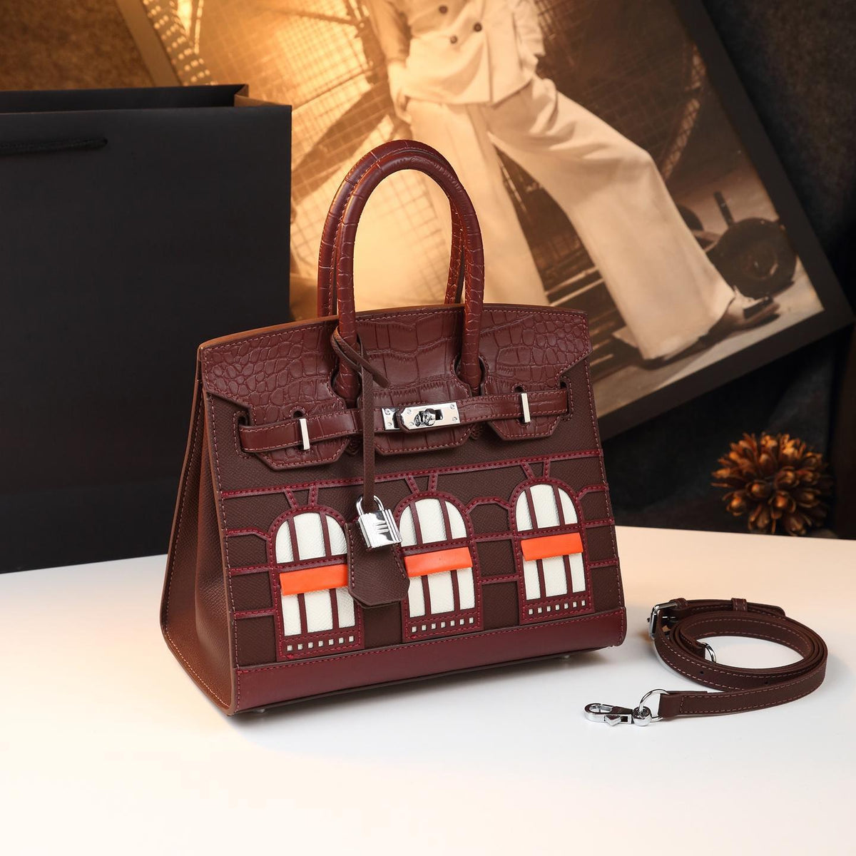 Chic Croc-Embossed Birkin-Inspired Tote Bag for Women, Premium Genuine Leather Top-Handle Shoulder Crossbody Handbag with Sophisticated Elegant Design, Trendy Everyday Purse