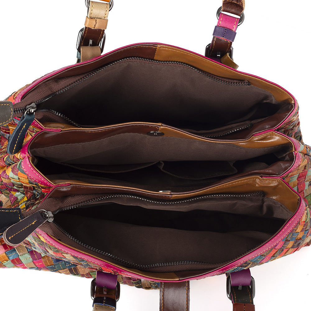 Genuine Cowhide Woven Multicolor Vintage Handbag for Women, Casual Lock Buckle Top Handle Crossbody Purse, Multi-Compartment Designer Bag for Ladies