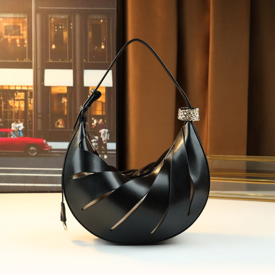 Twisted Hollow Crescent Bag for Women Rhinestone Strap Underarm Shoulder Handbag, Premium Niche Purse with Curved Moon Silhouette