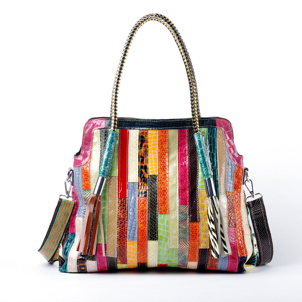 Snakeskin Patent Stripe Color Block Tote Bag with Tassel, Genuine Leather Shoulder Crossbody Purse, Fashionable Handbag for Women