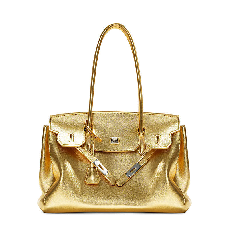 Elegant Minimalist Tote Bag for Women, Birkin-Inspired Genuine Cowhide Leather Handbag with Spacious Large Capacity, Versatile Top-Handle Shoulder Purse for Work & Everyday Use
