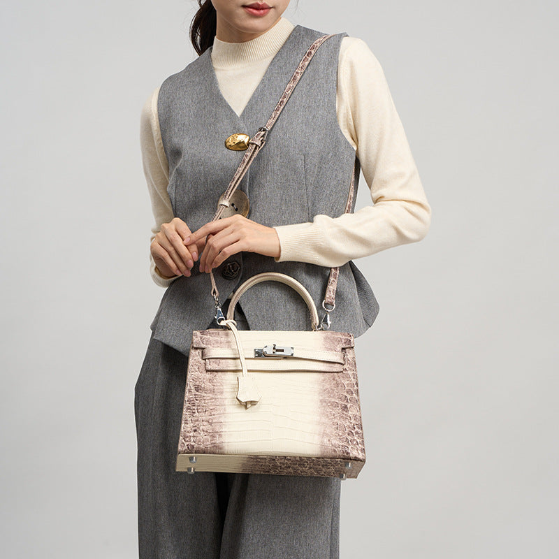 New Arrival Kelly-Inspired Croc-Effect Genuine Leather Bag for Women, A Premium Top-Layer Cowhide Crossbody Shoulder Top-Handle Handbag, Perfect Gift Choice