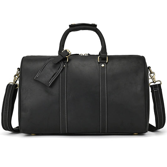 Vintage Black Crazy Horse Leather Cylindrical Travel Duffle, Top Handle Shoulder Luggage Bag, Casual Weekender 9397 for Men