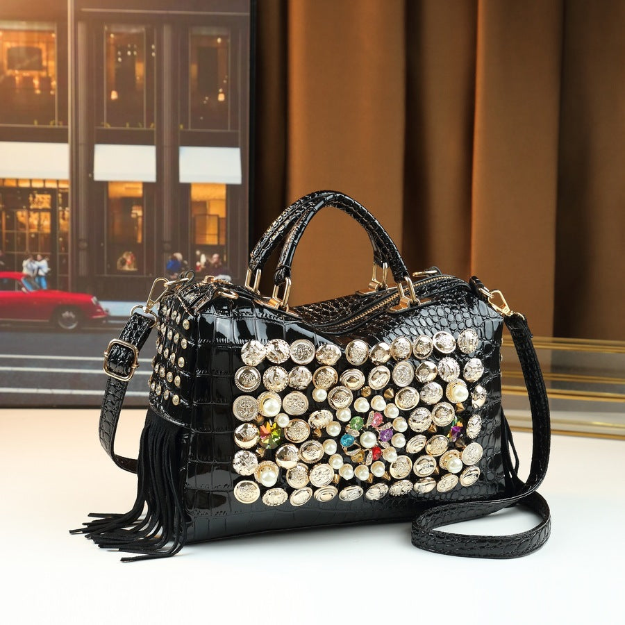 Pearl Stud Button Pillow Bag for Women Shoulder Crossbody Handbag, Trendy Embellished Purse with Elegant Hardware Details