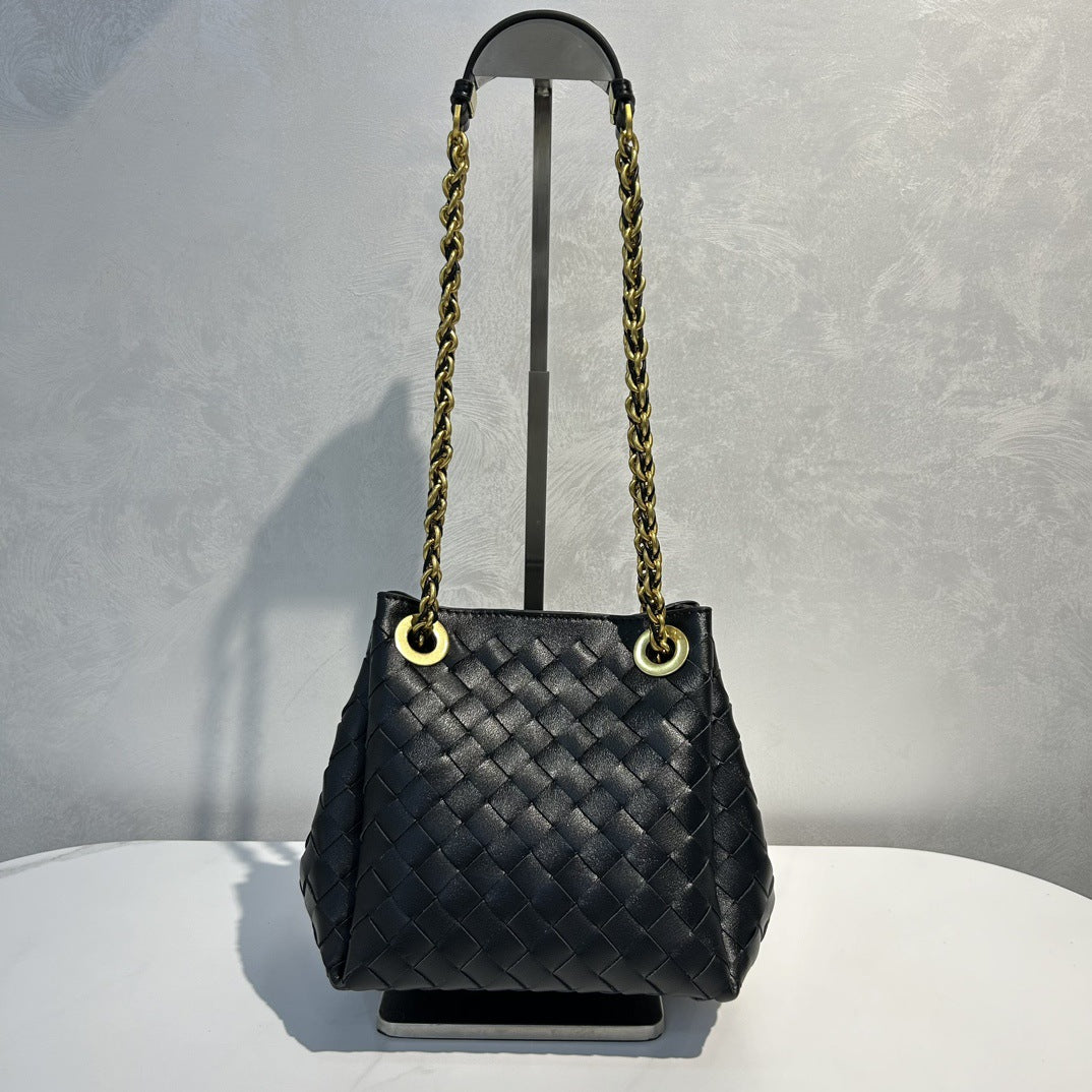 Genuine Leather Metal Chain Woven Parachute Bag for Women, Large Capacity Vintage Underarm Shoulder Crossbody Purse, Premium Handbag for Ladies