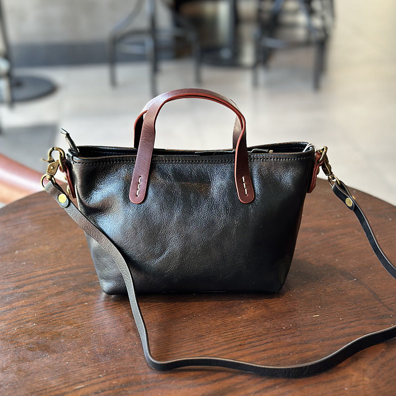 Vegetable-Tanned Leather Mini Phone Crossbody Bag, Color Block Top Handle Shoulder Purse, Versatile Handbag for Women