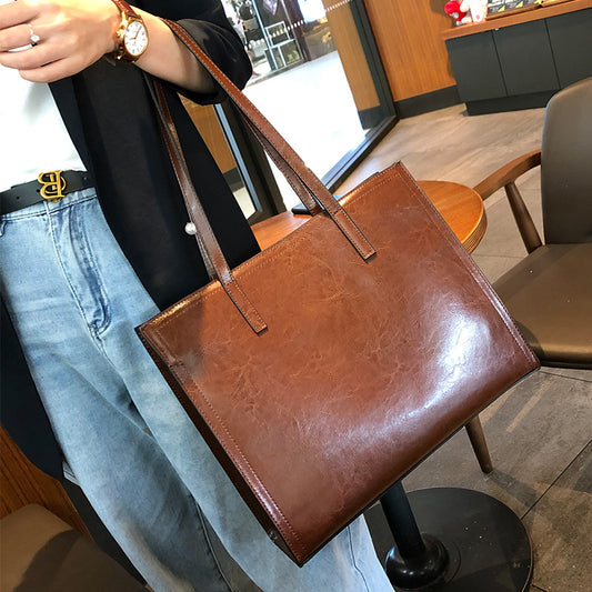 Genuine Waxed Cowhide Large Capacity Underarm Tote Bag for Women, New Light Luxury Shoulder Purse, Chic Everyday Handbag for Ladies