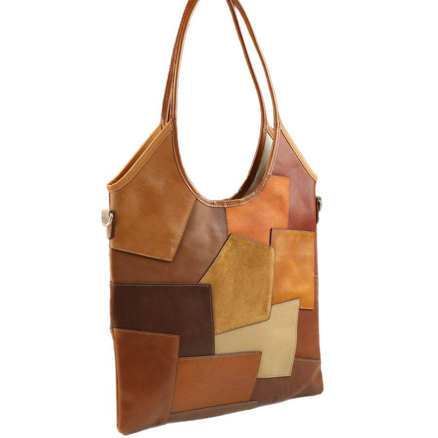 Vintage Patchwork Maillard Square Bag for Women Large Capacity Fall Winter Shoulder Handbag, Cowhide Leather Purse with Retro Charm