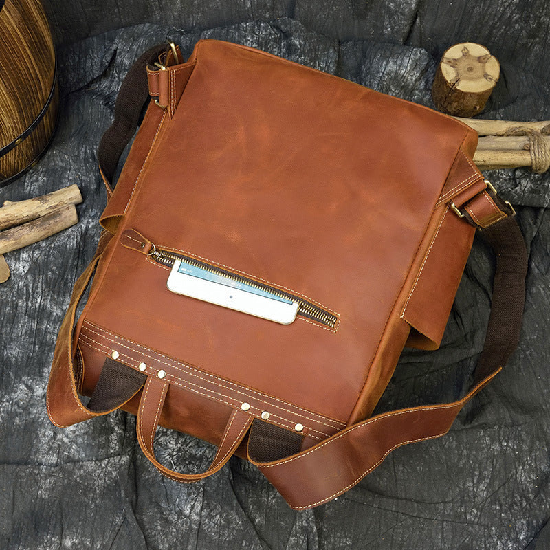 Crazy Horse Leather Large Capacity Travel Backpack, Top Layer Cowhide School Daypack, Premium Men's Rucksack