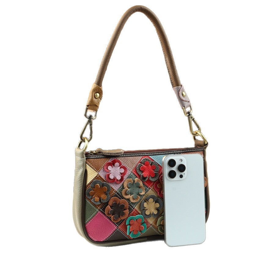 Handcrafted Patchwork Floral Quilted Mini Square Bag for Women Genuine Leather Lightweight Shoulder Crossbody Purse