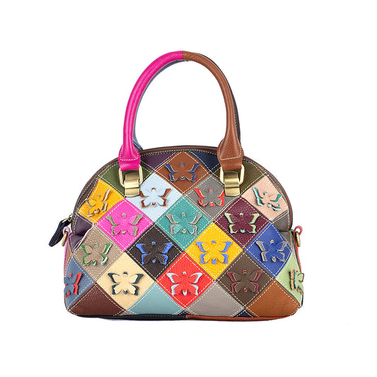 Genuine Cowhide Handmade Colorful Butterfly Floral Shell Bag for Women, New Arrival Casual Trendy Shoulder Top Handle Purse, Unique Designer Handbag for Ladies