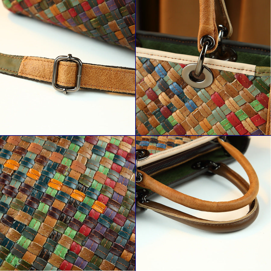 Genuine Leather Woven Square Bag for Women Vintage Style Large Capacity Top Handle Shoulder Crossbody Purse with Artisan Craftsmanship