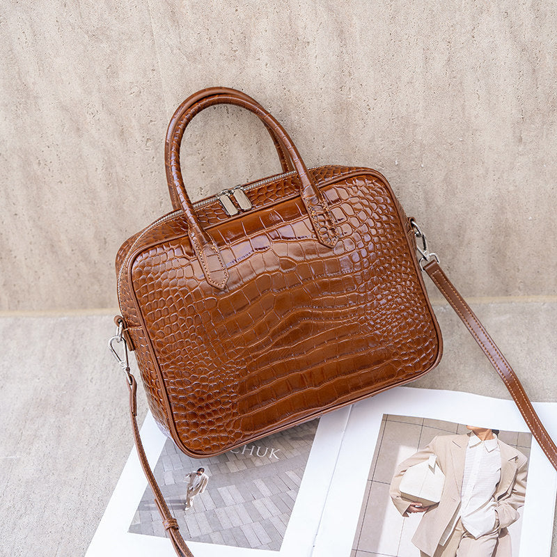 Genuine Leather Crocodile-Embossed Boston Bag for Women, New Stylish Large Capacity Commute Top Handle Crossbody Purse, Versatile Handbag for Ladies