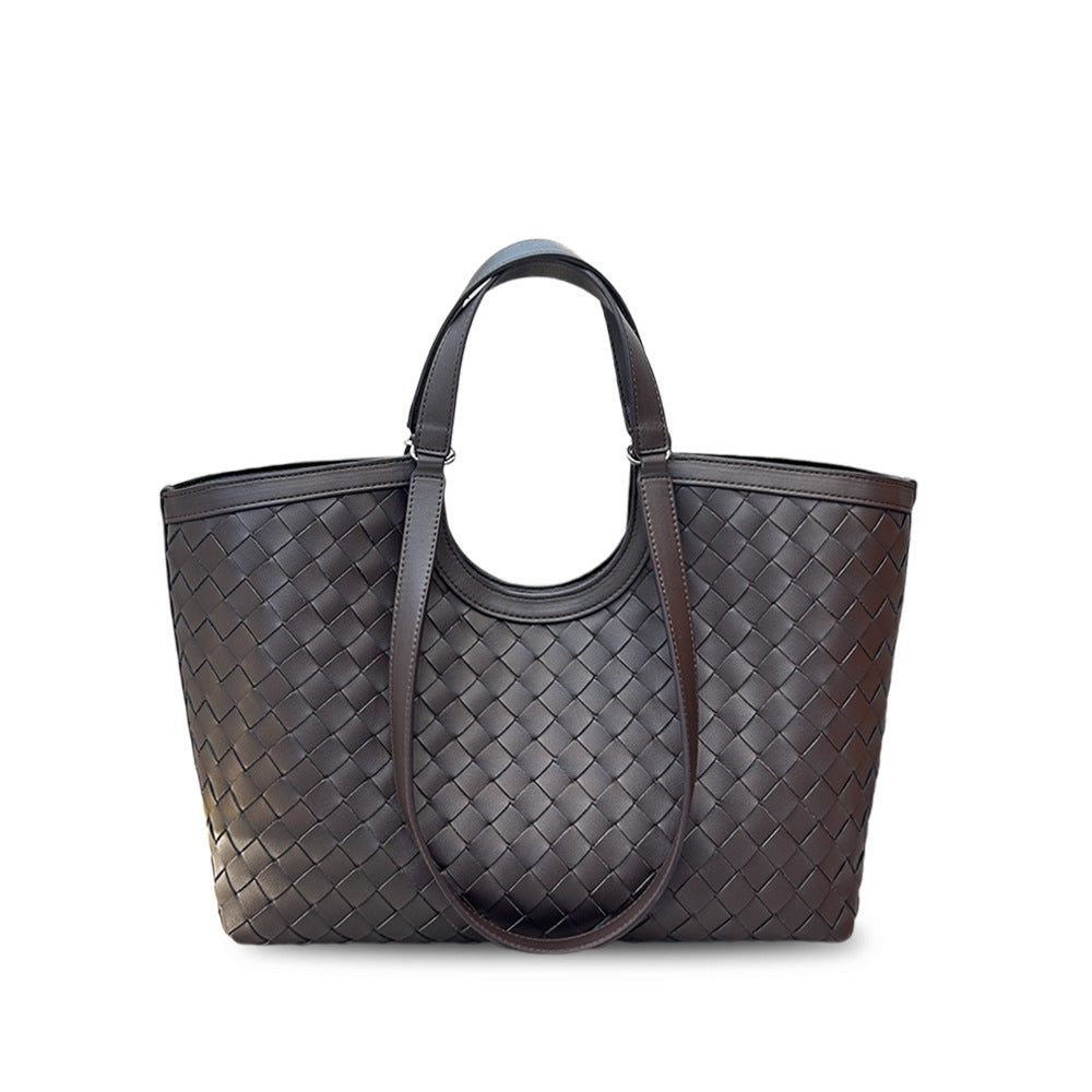 Niche Vintage Leather Woven Basket Tote, Large Shoulder & Underarm Bag for Women